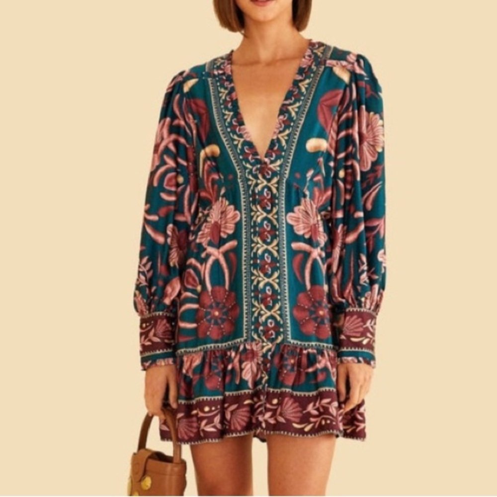 NEW FARM Rio Seashell Tapestry Teal Long Sleeve Mini Dress Floral Beaded Size M